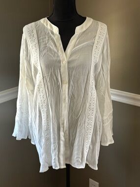 NY Collection White Crochet-Trim Button-Front Tunic Blouse